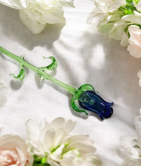 Blue Glass Rose - Handcrafted Long Stem Flower