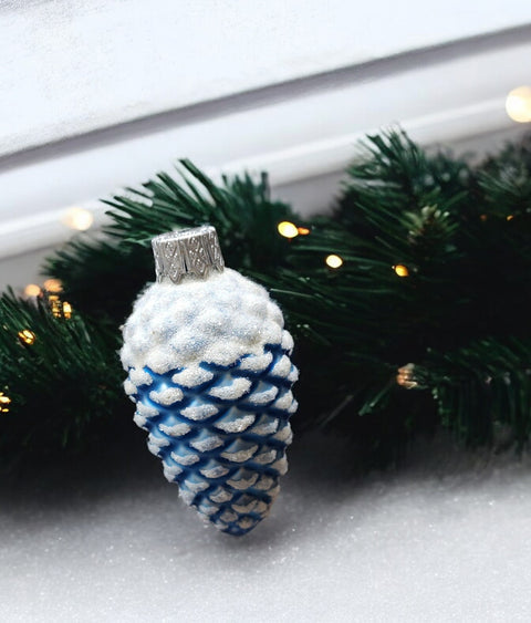 Hand Decorated Glass Keepsake Ornament - Charming Blue Pinecone Design