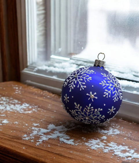 Blue Blown Glass Ornament - Handcrafted - Large Snowflake Design