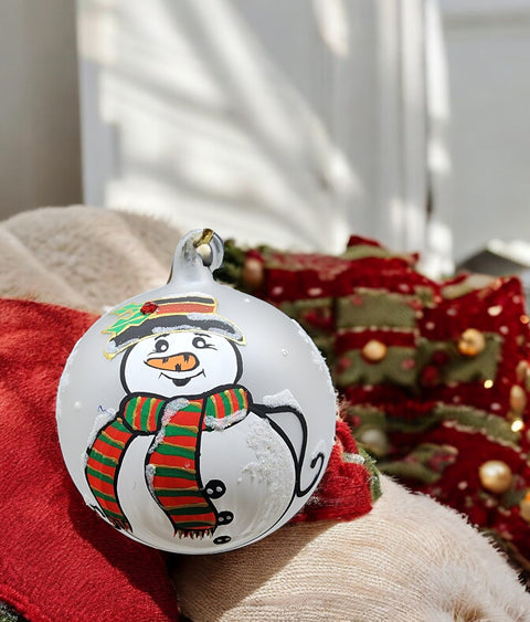 Frosted Blown Glass Ornament - Handcrafted -  Fat Snowman Design