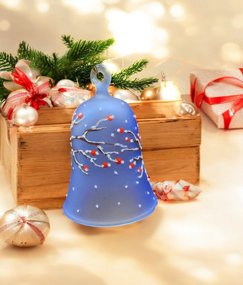 Light Blue Blown Glass Bell Ornament – Finch Design with Clapper