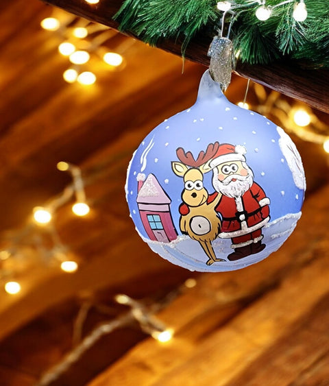 Light Blue Blown Glass Ornament - Handcrafted -  Santa N Reindeer Design