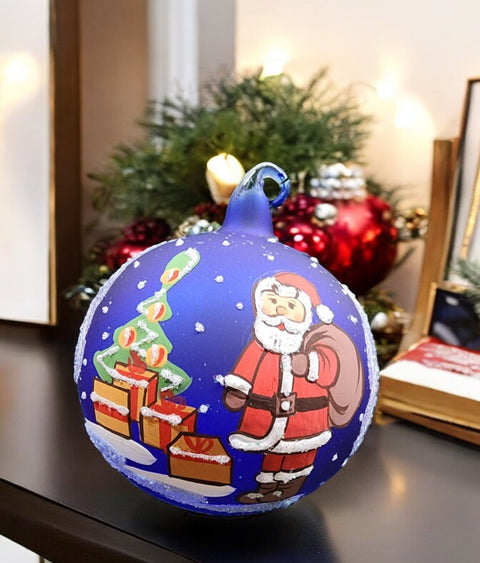 Blue Blown Glass Ornament - Handcrafted -  Charming Santa Claus Design