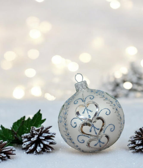 Silver & Blue Blown Glass Ornament - Handcrafted - Hearts Galore Design