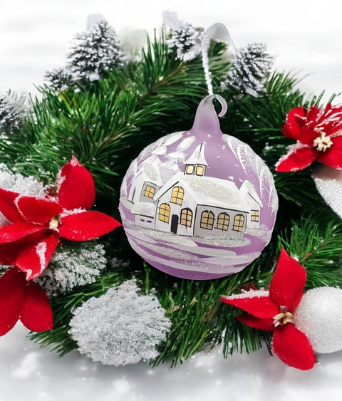 Lavender Blown Glass Ornament - Handcrafted - White Church Design