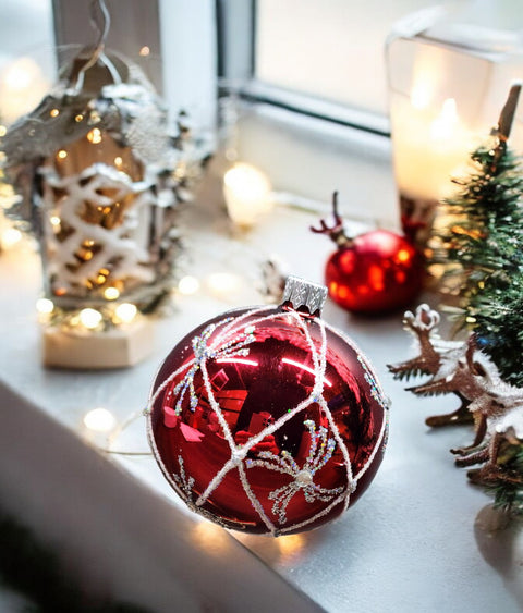 Red Blown Glass Ornament - Handcrafted - Spider Web Design