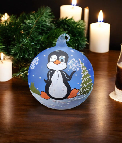 Light Blue Blown Glass Ornament - Handcrafted -  Charming Penguin  Design