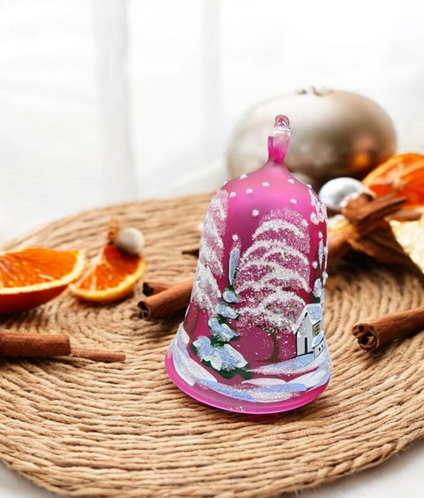 Pink Blown Glass Bell Ornament –  Brooklyn Bridge Design with Clapper