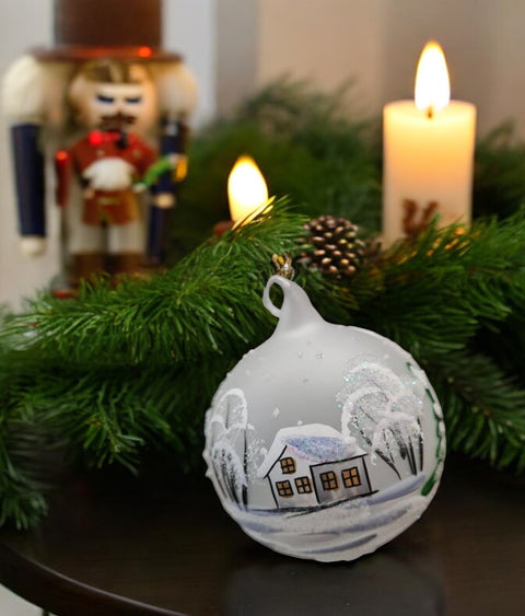 Frosted Blown Glass Ornament - Handcrafted - White Church Design