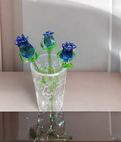 Blue Glass Rose - Handcrafted Medium Stem Flower