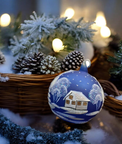 Blue Blown Glass Ornament - Handcrafted - White Church Design