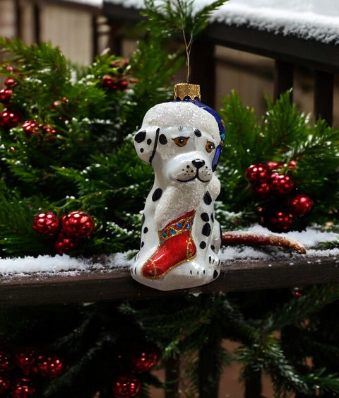 Hand Decorated Glass Keepsake Ornament - Dalmatian With Stocking Design