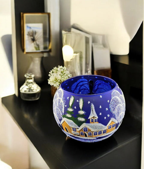 Large Blue Glass Candle Holder, Hand Crafted in Ukraine, Brown Cathedral Winter Wonderland, Wonderful Year Round