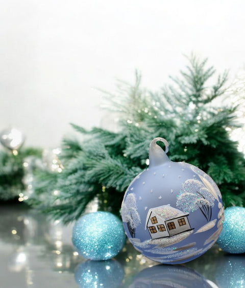 Light Blue Blown Glass Ornament - Handcrafted - White Church Design