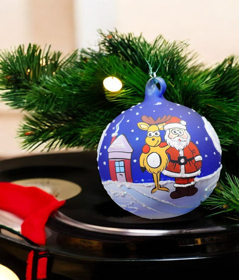 Blue Blown Glass Ornament - Handcrafted - Santa & Reindeer Design