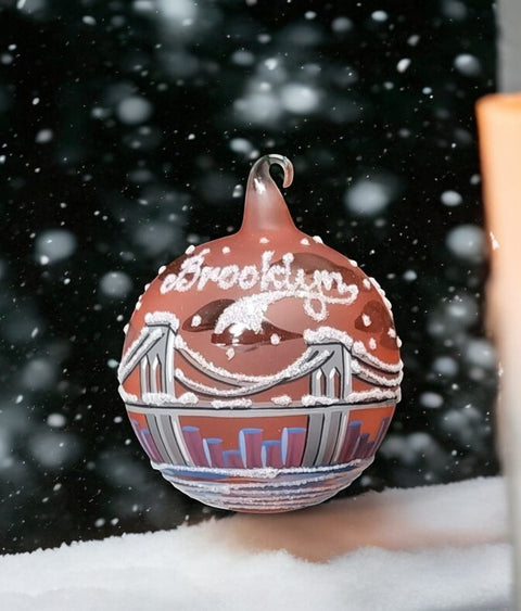 Orange Blown Glass Ornament - Handcrafted - Brooklyn Bridge Design