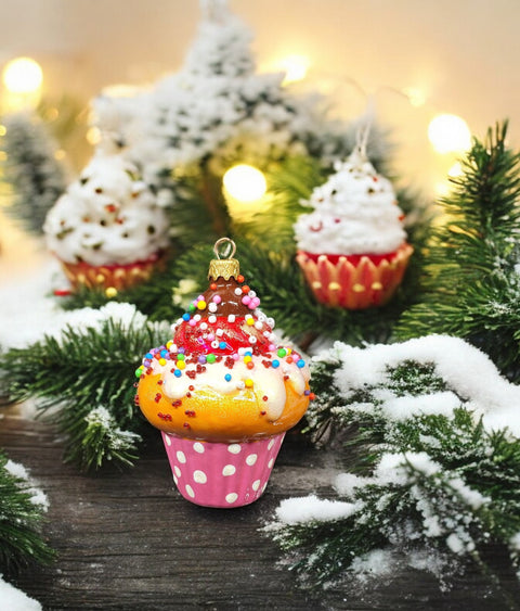 Hand Decorated Glass Keepsake Ornament - Charming Cupcake Design