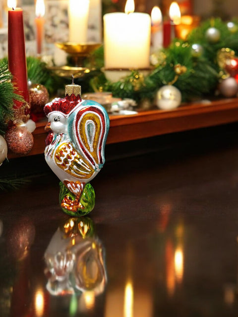 Hand Decorated Glass Keepsake Ornament - Charming Rooster Design