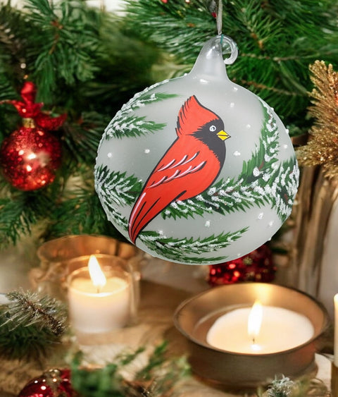 Frosted Blown Glass Ornament - Handcrafted - Red Cardinal Design