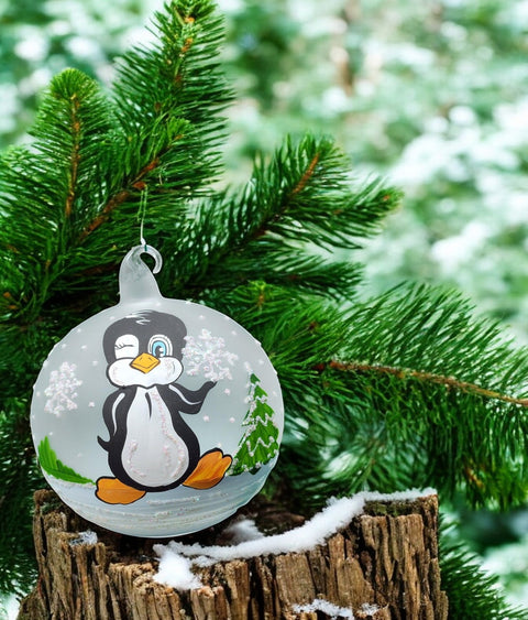 Frosted Blown Glass Ornament - Handcrafted - Charming Penguin Design