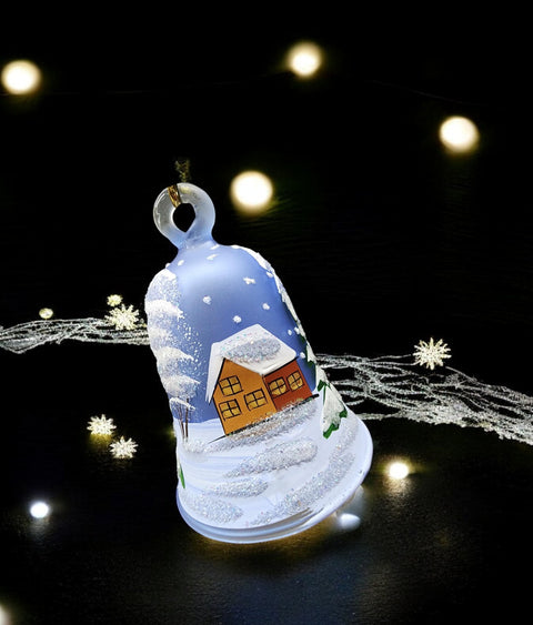 Light Blue Blown Glass Bell Ornament –  Snowman Design with Clapper