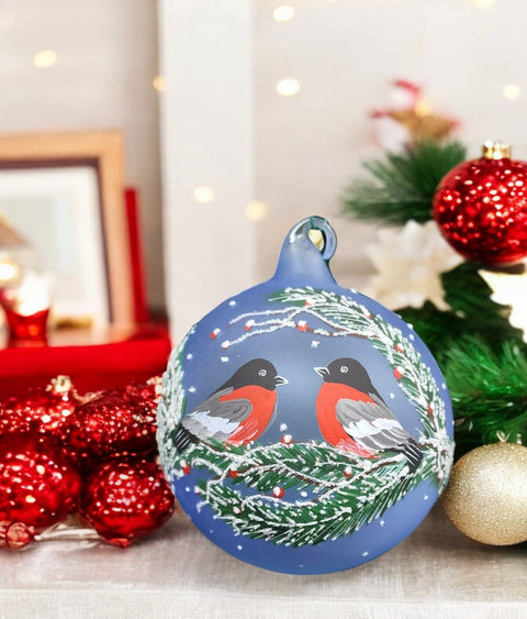 Light Blue Blown Glass Ornament - Handcrafted - Keepsake - Finches Design