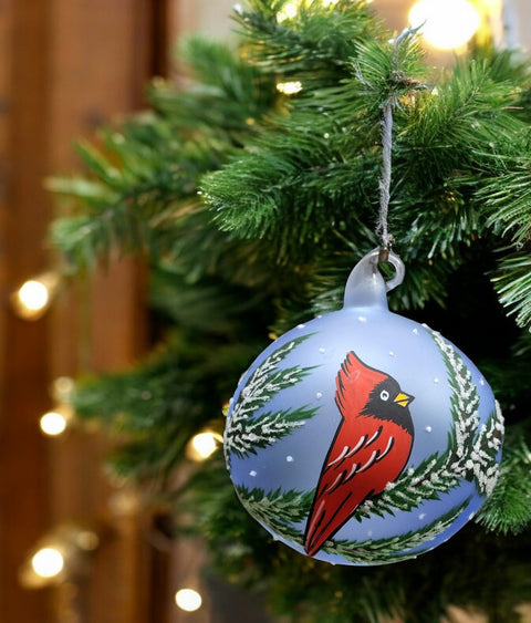 Light Blue Blown Glass Ornament - Handcrafted - Red Cardinal Design