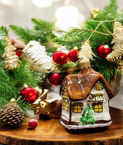 Hand Decorated Glass Keepsake Ornament - Charming Brown House Design