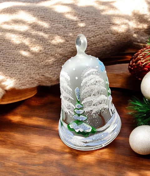 Frosted Blown Glass Bell Ornament - Handcrafted - Brooklyn Bridge Design With Clapper