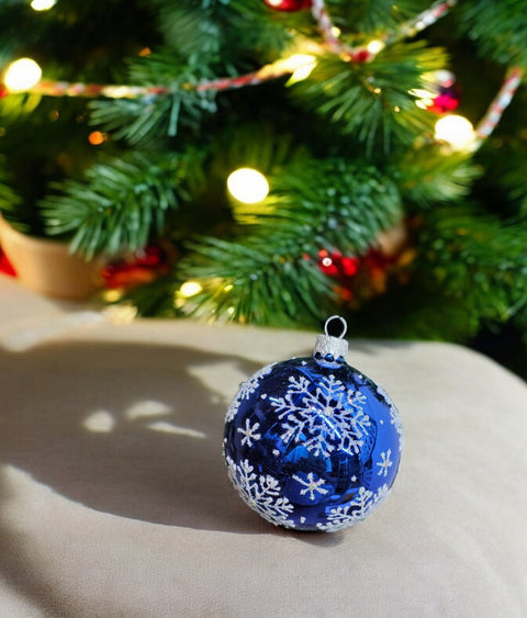 Blue Blown Glass Ornament - Handcrafted - Large Snowflake Design