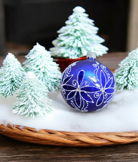 Blue Blown Glass Ornament - Handcrafted - Fancy Flower Design