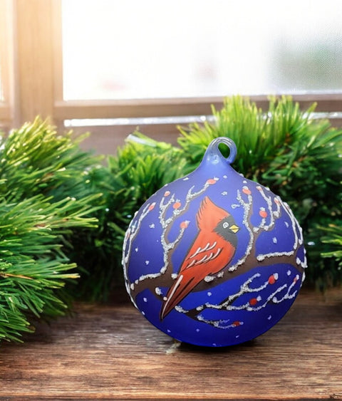 Blue Blown Glass Ornament - Handcrafted - Red Cardinal Design