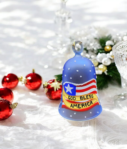 Light Blue Blown Glass Bell Ornament – Liberty Bell Design with Clapper