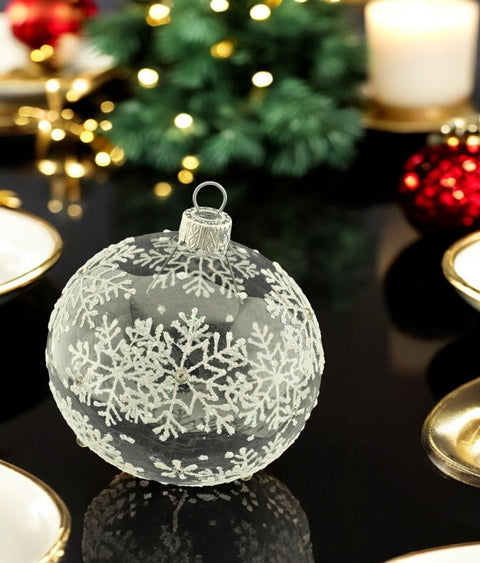 Clear Blown Glass Ornament - Hand Made In Ukraine - Clear Glass w Large Hand Painted Snowflake - Keepsake Ornament - Transparent Glass