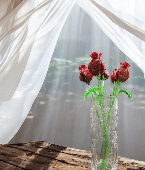 Red Glass Open Bulb Rose - Handcrafted Long Stem Flower