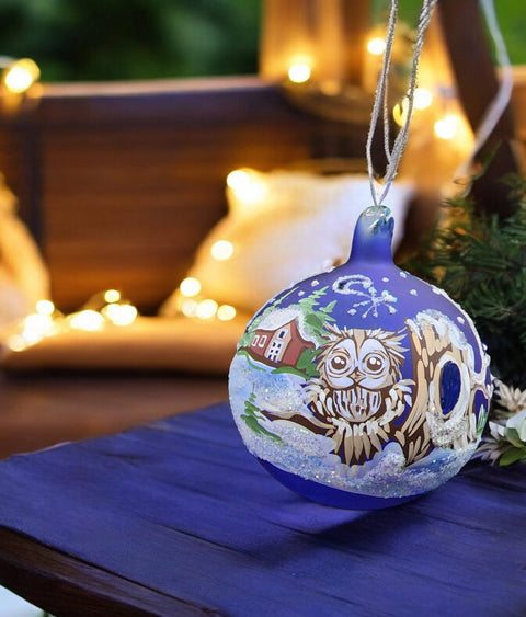 Blue Blown Glass Ornament - Handcrafted -  Charming Fun Owl Design