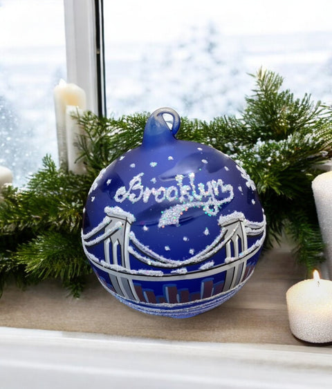 Blue Blown Glass Ornament - Handcrafted - Brooklyn Bridge Design