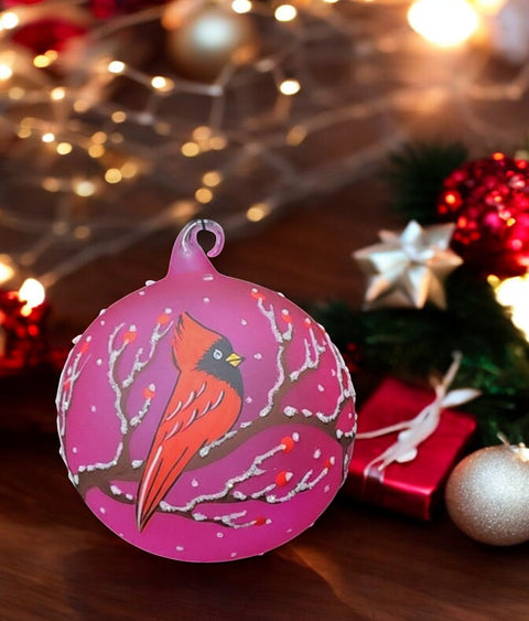 Pink Blown Glass Cardinal Ornament - Handcrafted - Red Cardinal Design