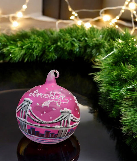 Pink Blown Glass Ornament - Handcrafted -  Brooklyn Bridge Design