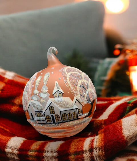 Orange Blown Glass Ornament - Handcrafted - White Church Design