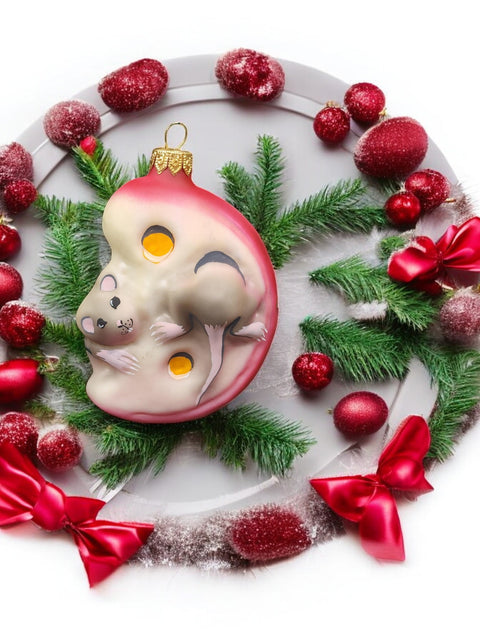 Hand Decorated Glass Keepsake Ornament - Charming Mice In Cheese Design