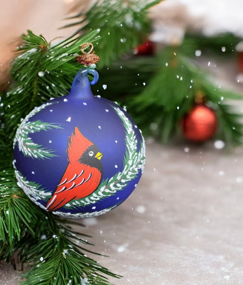 Blue Blown Glass Ornament - Handcrafted -  Charming Red Cardinal Design