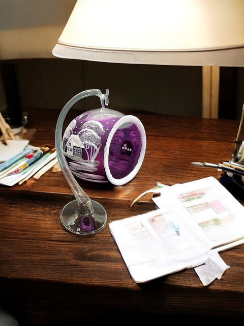 Purple Glass Terrarium Candle Holder, Hand Crafted in Ukraine, White Cabin Winter Wonderland, Wonderful Year Round