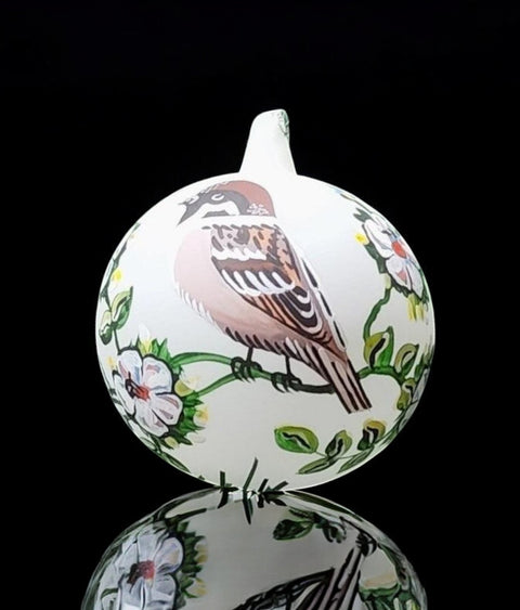 Blown Glass Ornament - Bird On Vine - Made In Ukraine - Birds And Flowers - Keepsake Ornament - White Ornament - Hand Painted - Bauble