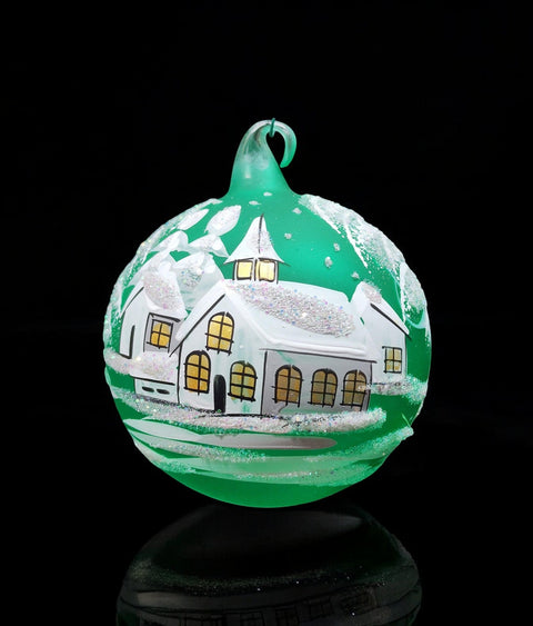 Green Blown Glass Ornament - Handcrafted - White Church Design