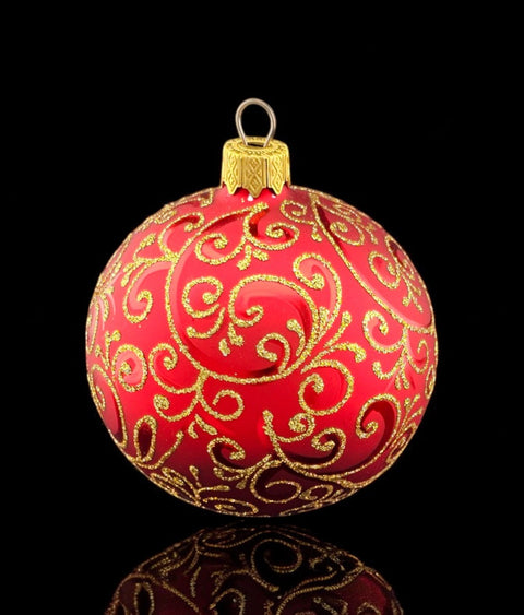 Red Blown Glass Ornament - Hand Made In Ukraine - Hand Painted Golden Waves On Red Bauble - Keepsake Ornament