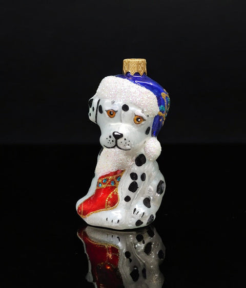 Hand Decorated Glass Keepsake Ornament - Dalmatian With Stocking Design