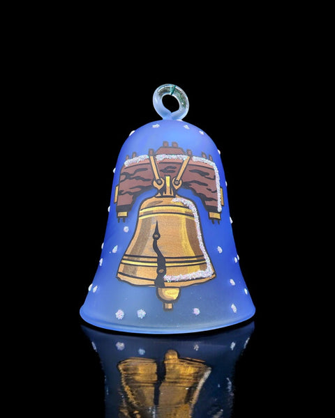 Light Blue Blown Glass Bell Ornament – Liberty Bell Design with Clapper