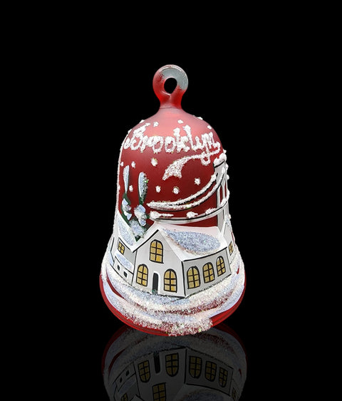 Red Blown Glass Bell Ornament –  Brooklyn Bridge Design with Clapper