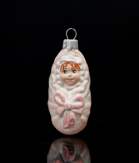 Hand Decorated Glass Keepsake Ornament - Charming Baby In Pink Swaddle Design